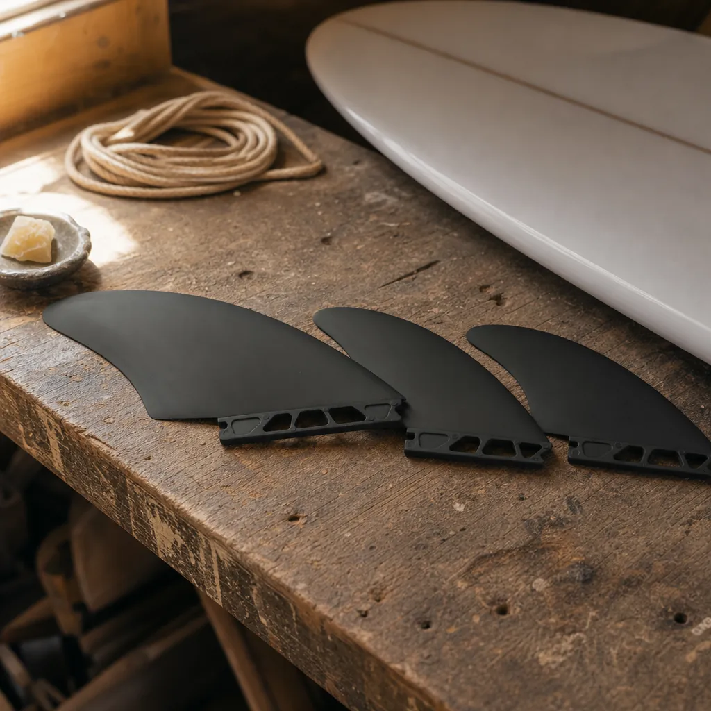 STCo. Future Composite Basic Keel Fins – Black styled on a shaping bench (AI-generated visualization)