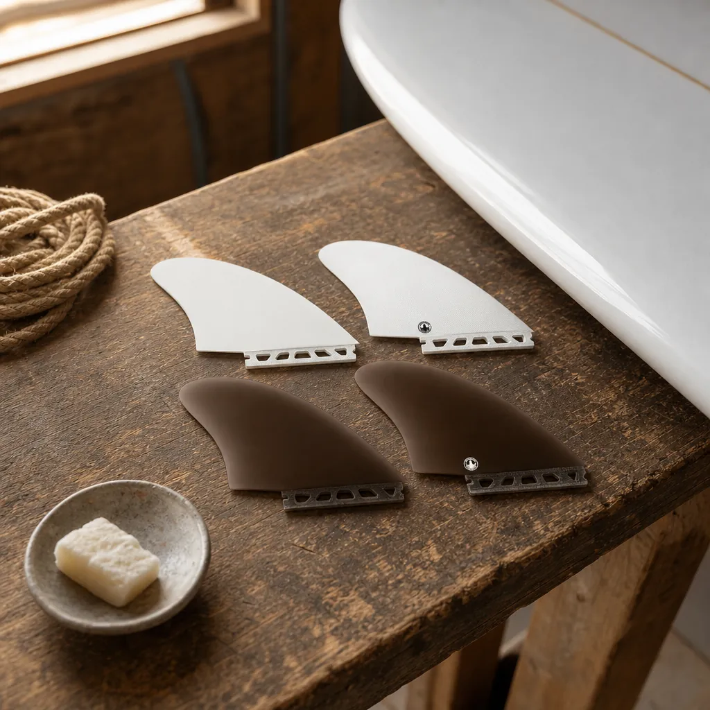 STCo. Future Keel Fins - Futures styled on a shaping bench (AI-generated visualization)