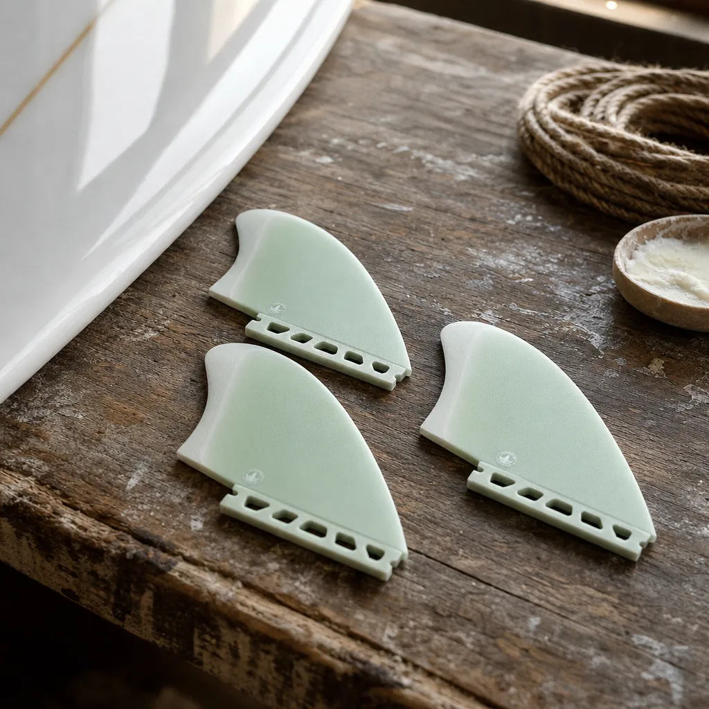 STCo. Future Keel Fins – Sea Foam styled on a shaping bench (AI-generated visualization)