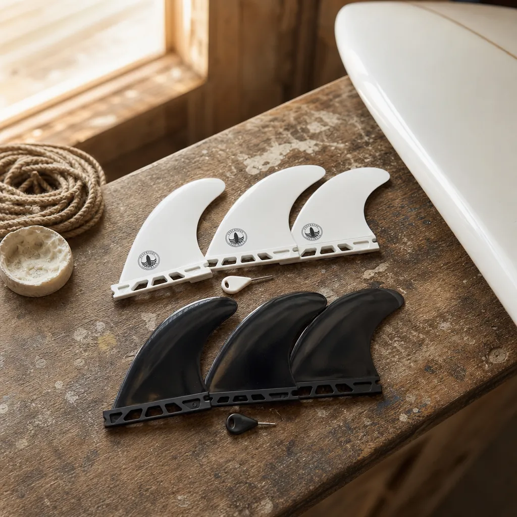 STCo. Thruster Basic Fins - Futures styled on a shaping bench (AI-generated visualization)