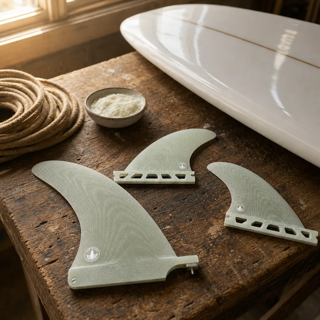 STCo. Volan Fin + Side Bites styled on a shaping bench (AI-generated visualization)