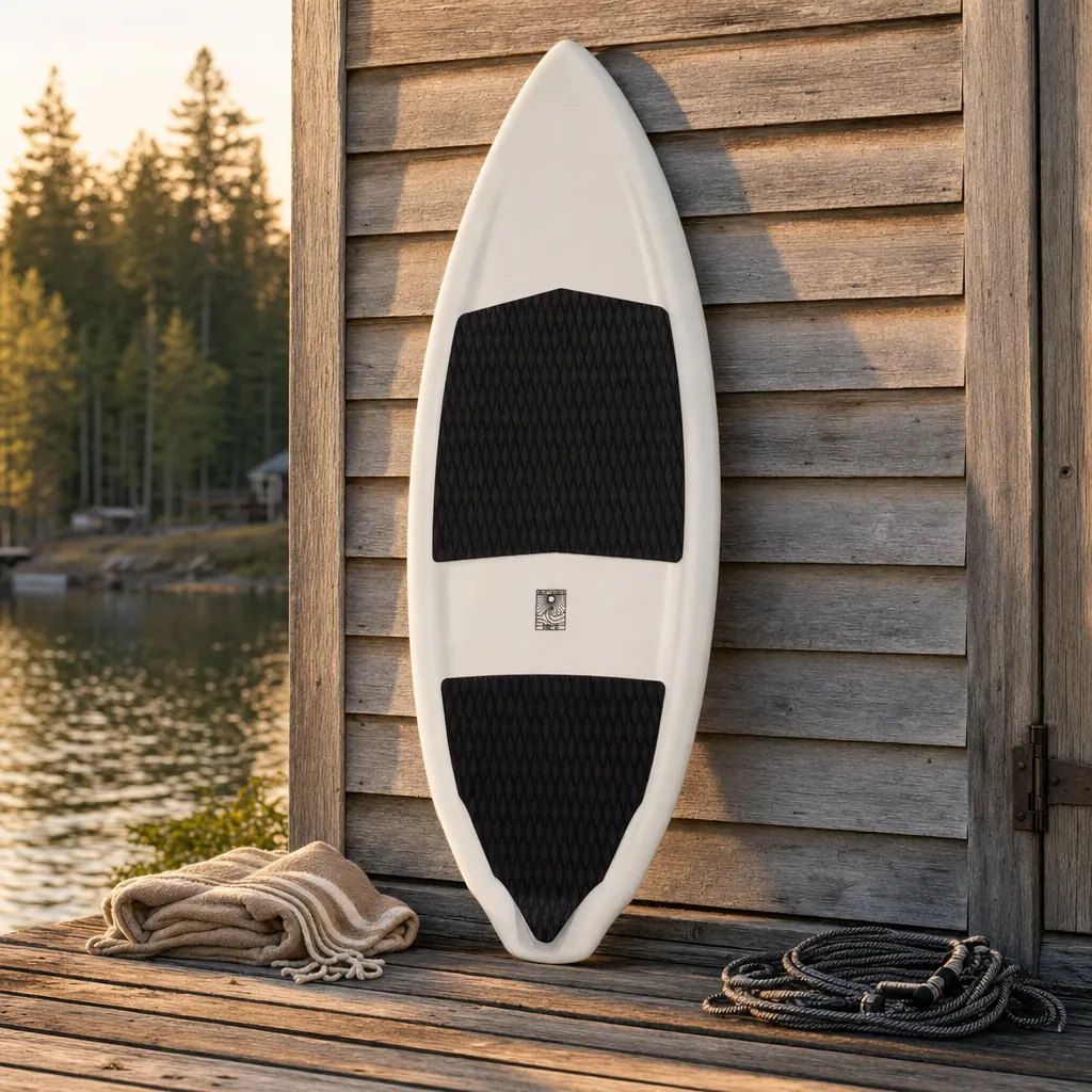 Stealth Wake Surfboard – Carbon Fiber BPT™️ on a lake dock at golden hour (AI-generated visualization)