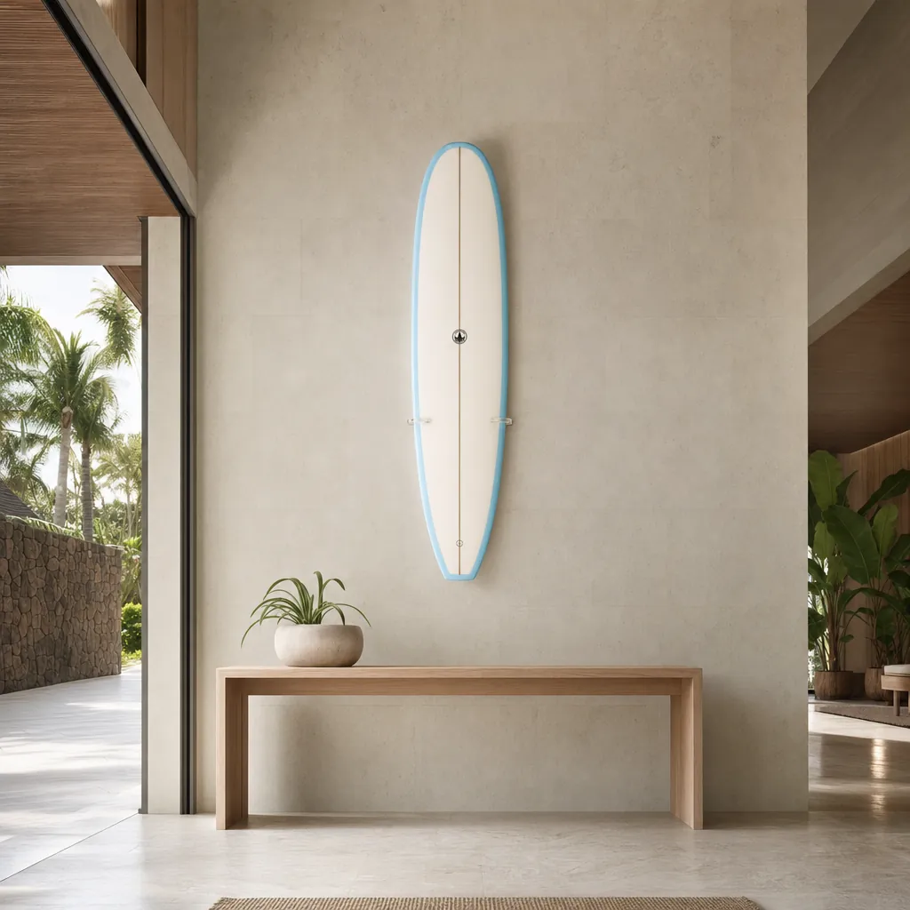 The Baby Log Beginner Longboard Surfboard – Coastal Blue Cutlap mounted on the wall of a high-end space (AI-generated visualization)