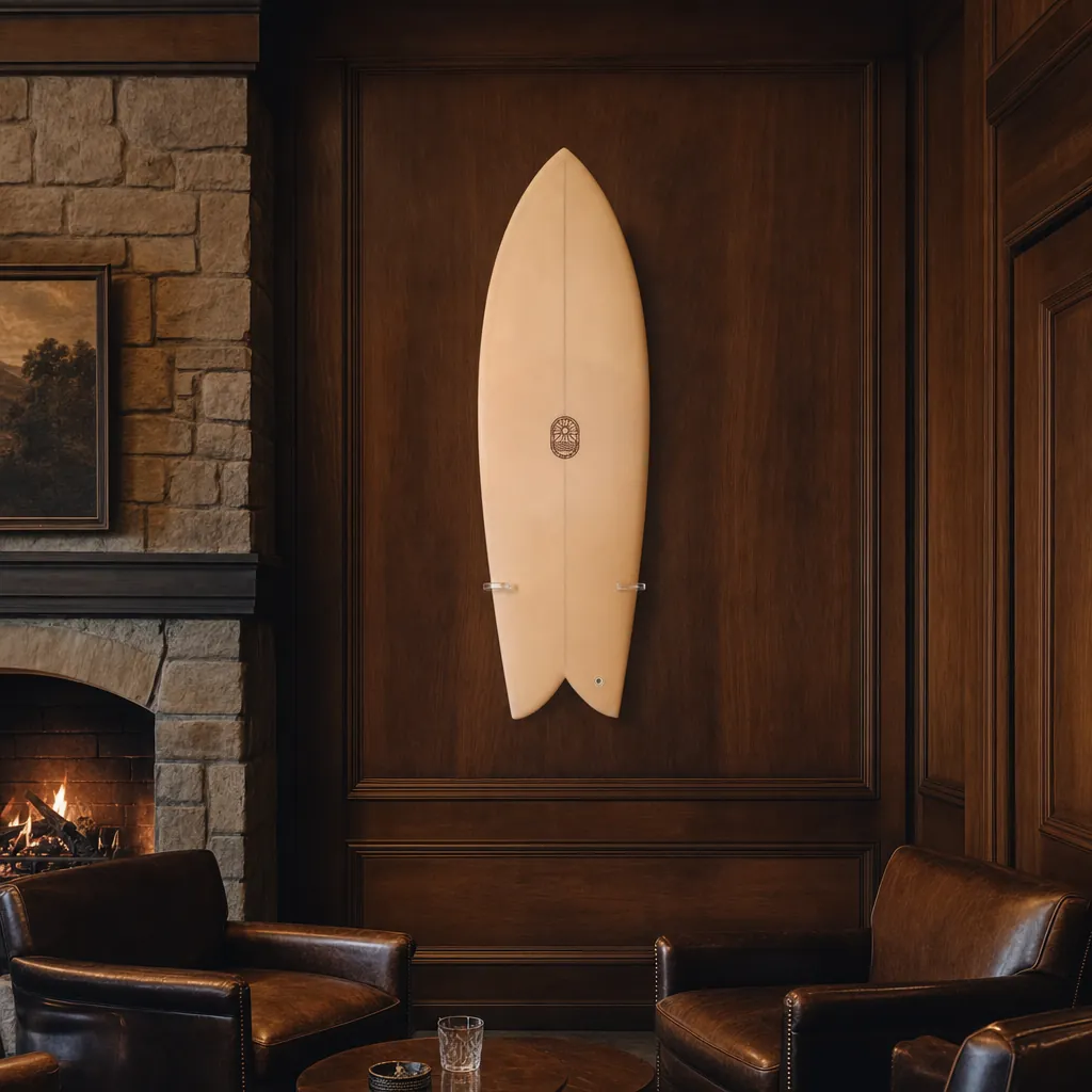 The Finlet Twin Fin Fish Surfboard– Peach EPS mounted on the wall of a high-end space (AI-generated visualization)