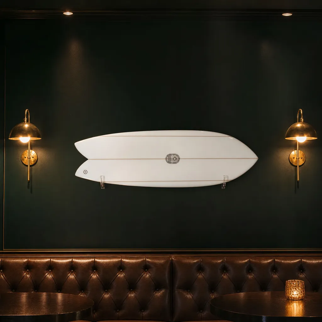The Finlet Twin Fin Fish Surfboard – Triple Stringer EPS mounted on the wall of a high-end space (AI-generated visualization)
