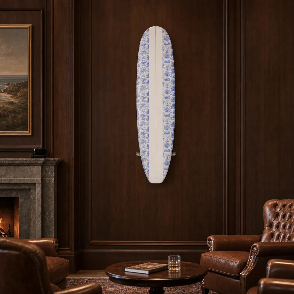 The Old Florida Print – Designer Surfboard Wall Art mounted on the wall of a high-end space (AI-generated visualization)