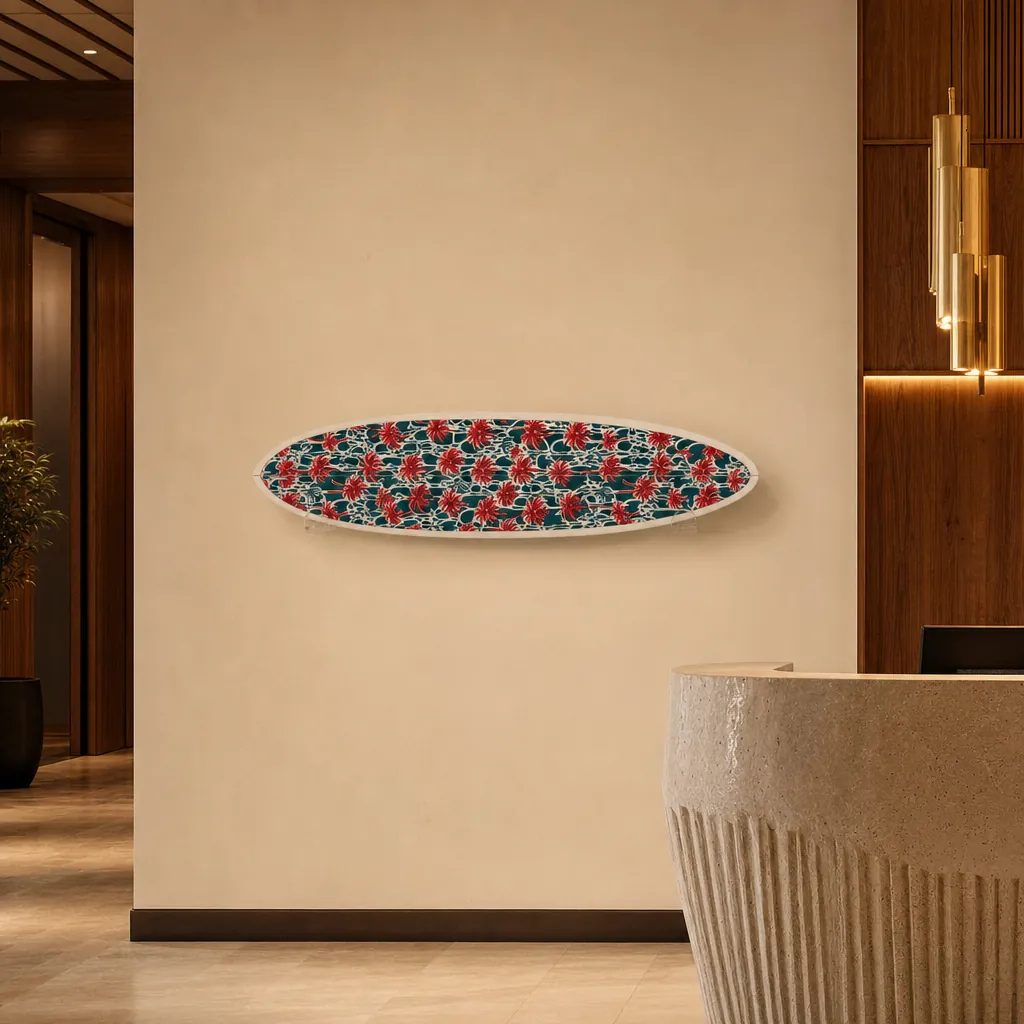 The Palm Beach Print – Palm Tree Surfboard Wall Art mounted on the wall of a high-end space (AI-generated visualization)
