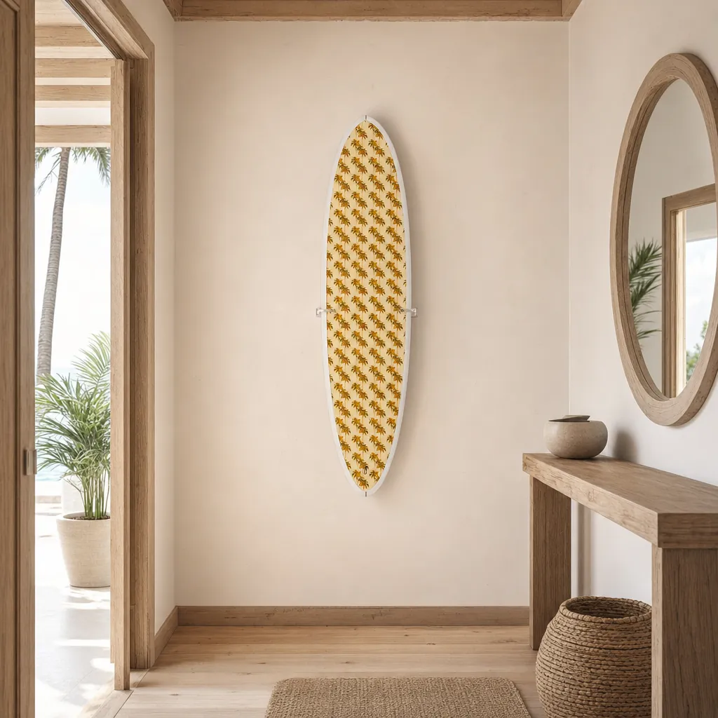 The Palm Print – Designer Surfboard Wall Art mounted on the wall of a high-end space (AI-generated visualization)