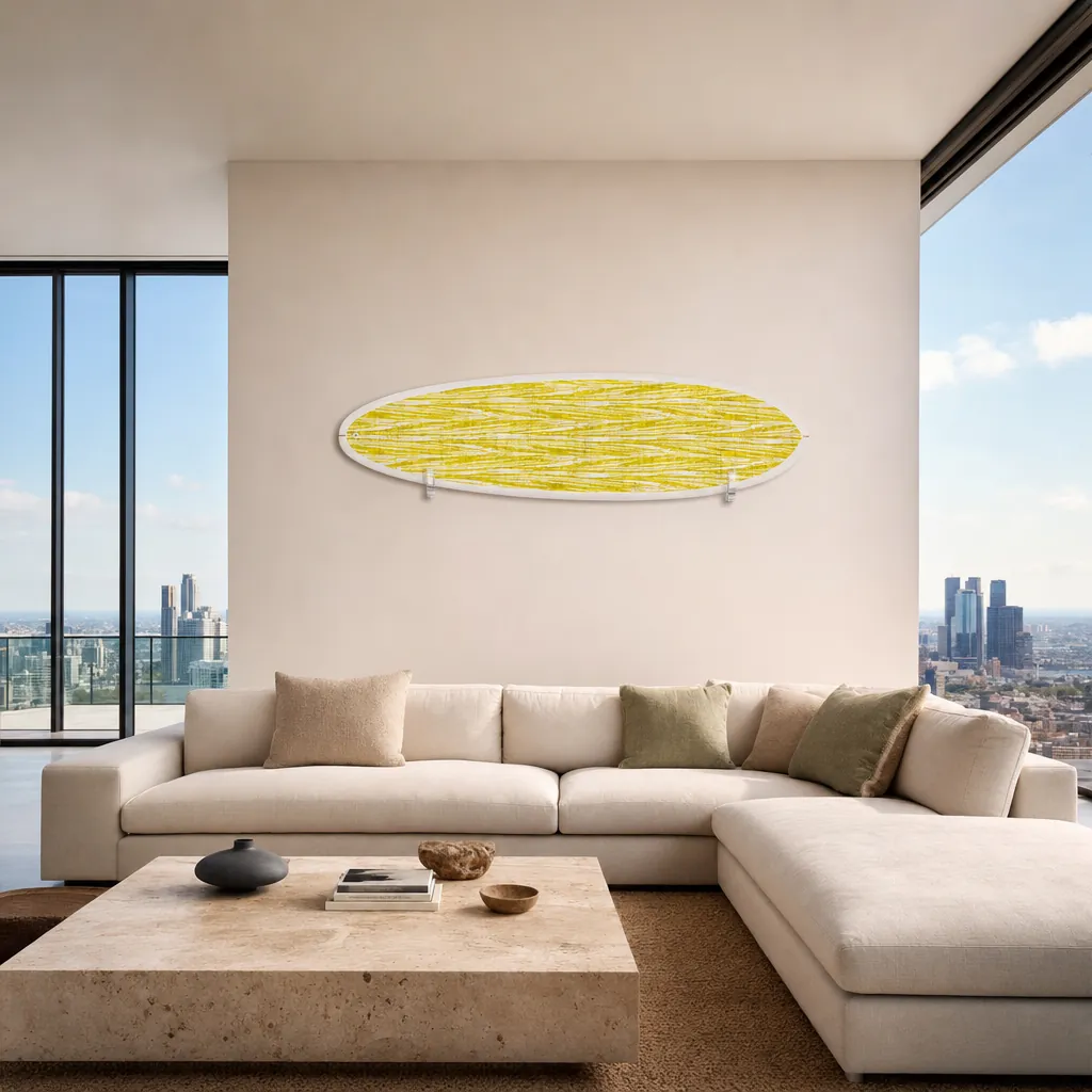 The Seagrass Print – Organic Modern Surfboard Wall Art mounted on the wall of a high-end space (AI-generated visualization)