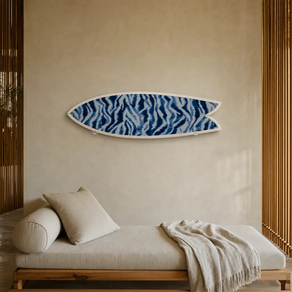 The Swell Print – Blue Surfboard Wall Art mounted on the wall of a high-end space (AI-generated visualization)