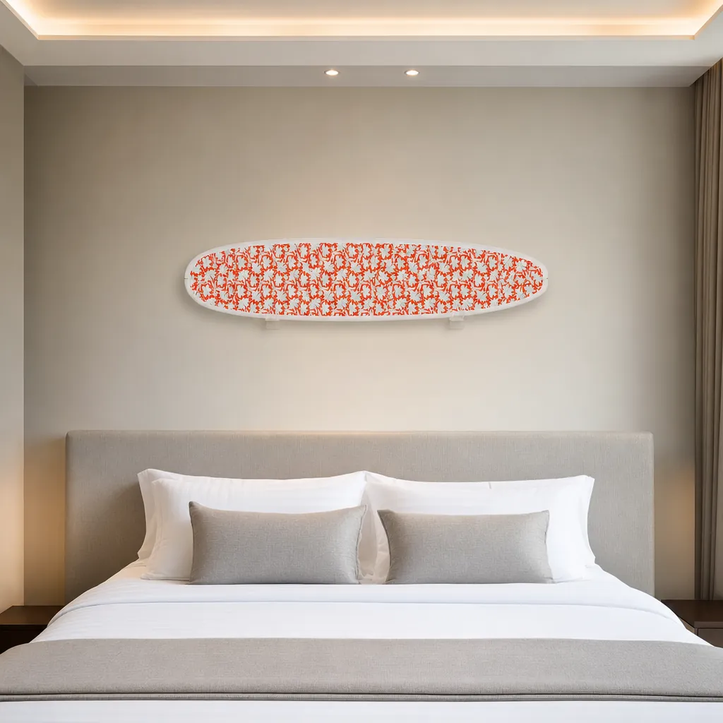 The Tangerine Tropics Print – Floral Surfboard Wall Art mounted on the wall of a high-end space (AI-generated visualization)