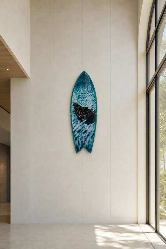 Resort entrance with a surfboard mounted on the wall (AI-generated visualization)