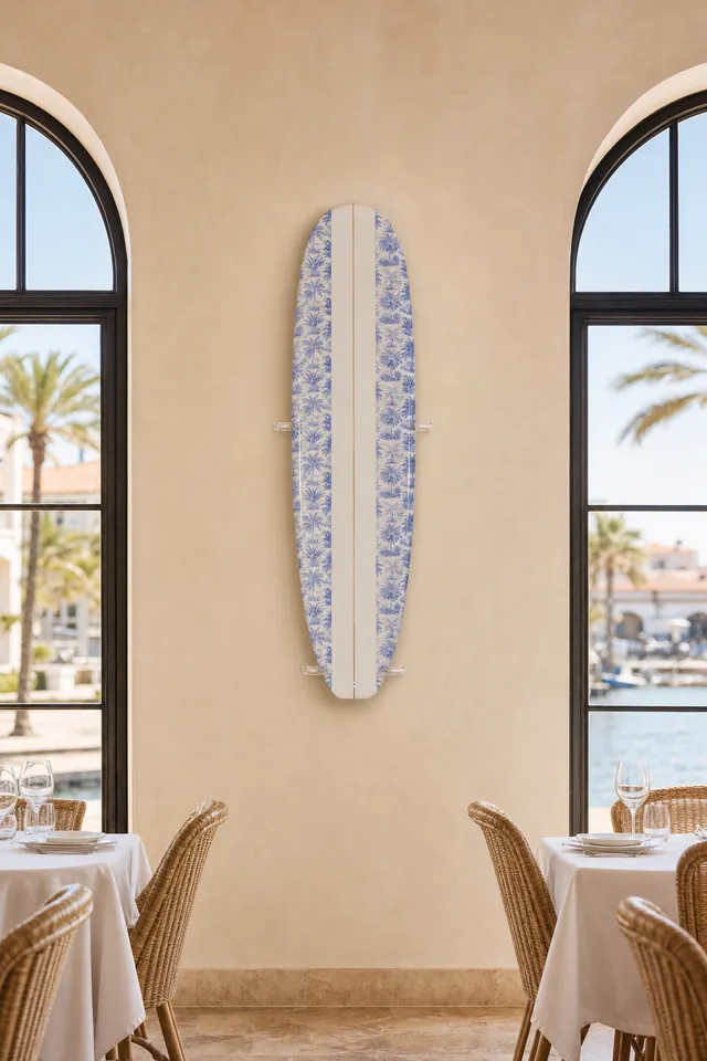 Restaurant with a surfboard mounted on the wall (AI-generated visualization)