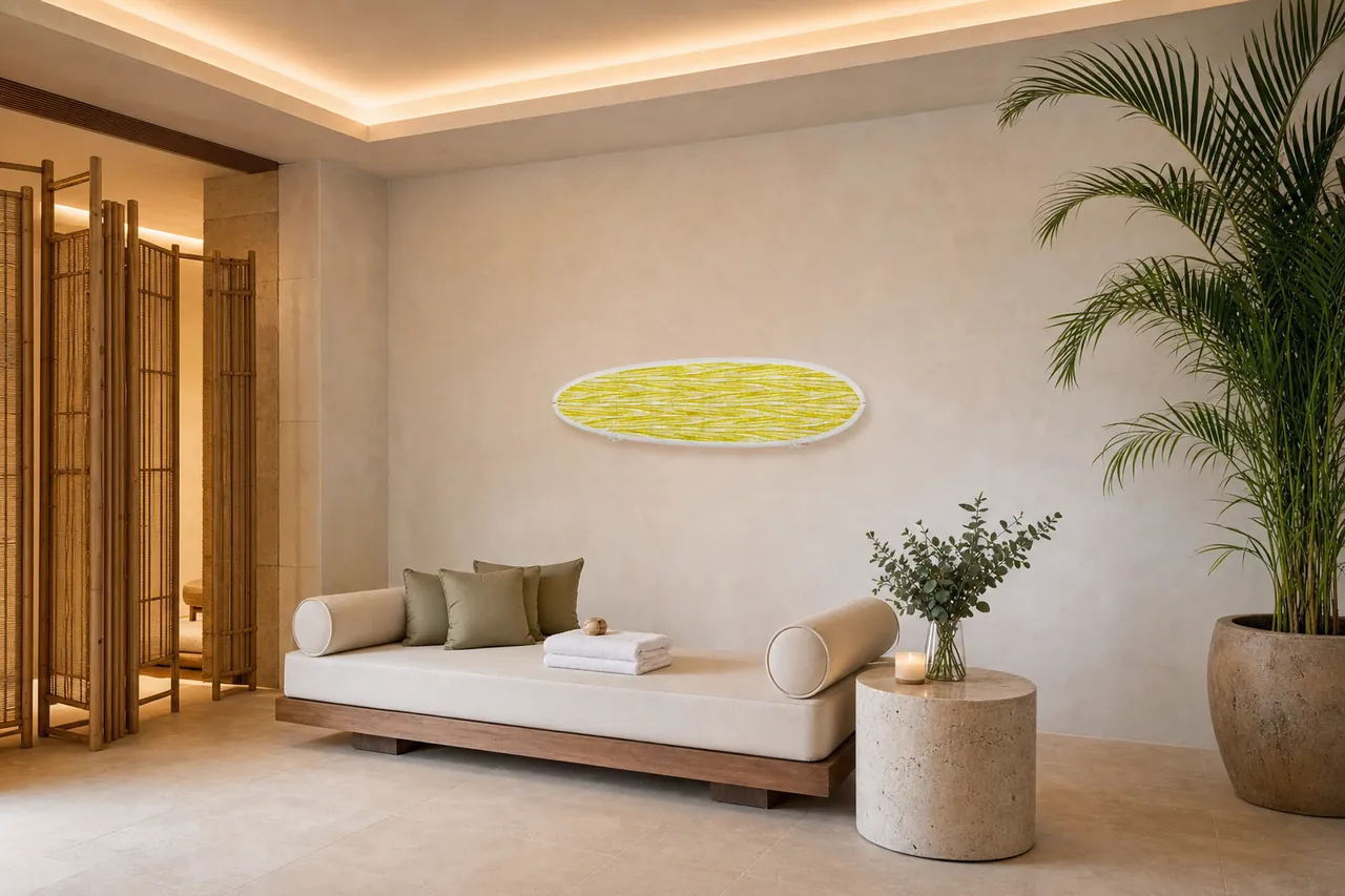 Spa lounge, surfboard mounted on the wall (AI-generated visualization)
