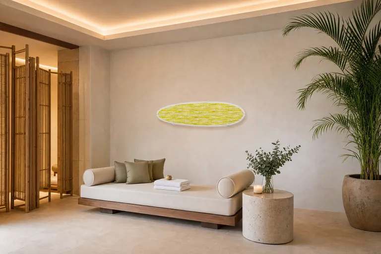 Spa lounge with a surfboard mounted on the wall (AI-generated visualization)